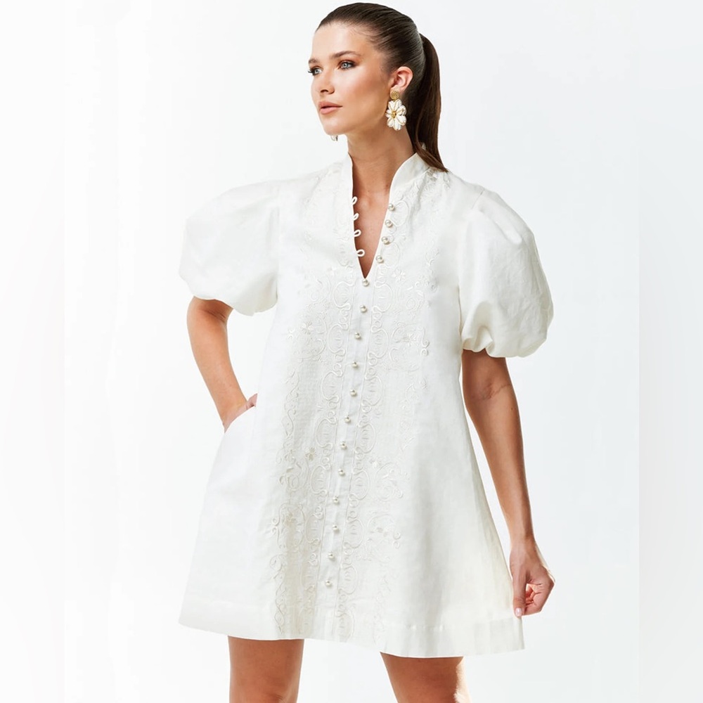 White Puff Sleeve V-Neck Mini Dress